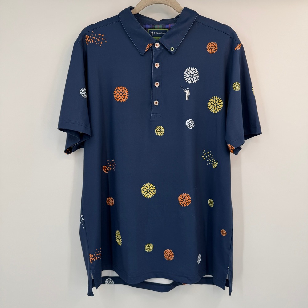 William Murray Golf Mens Large Navy Blue Floral Mums Performance Polo Shirt